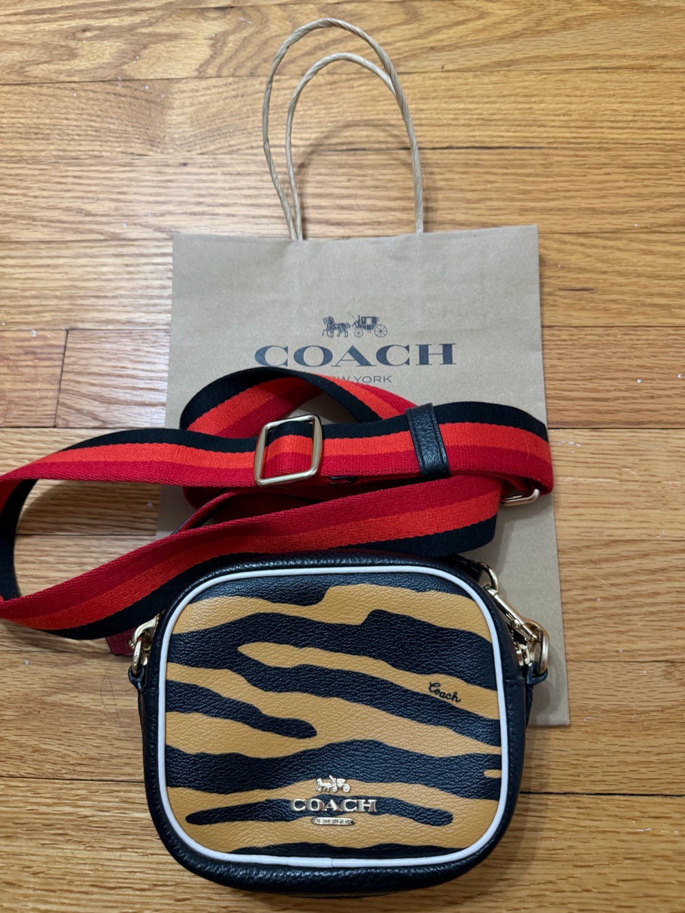 Coach Mini Dempsy Black & Mustard Tiger Stripe Crossbody Camera Bag
